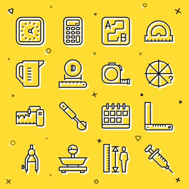 Hat Şırınga Köşesi Cetvel Parça Çemberi Konum Çemberi Ölçüm kabı Saat ve Rulet inşaat ikonu ayarlayın. Vektör.