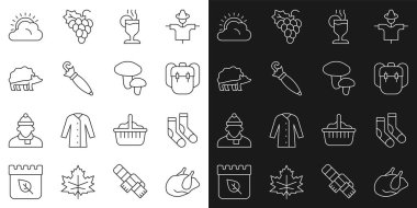 Kızarmış hindi ya da tavuk çorabı okul çantası sıcak şarap Umbrella hedgehog Sun ve bulut havası ve mantar ikonu. Vektör.