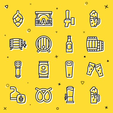 Ahşap bira bardağı fıçı bira fıçısı, hop ve şişe ikonu. Vektör.