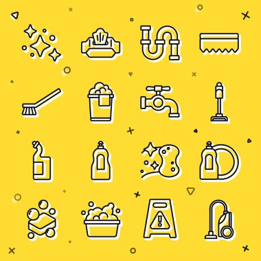 Elektrikli süpürge hattını temizleme hizmeti ve su musluğu ikonu için köpük fırçalı sıvı şişe endüstrisi metalik boru kovası ile kurun. Vektör.