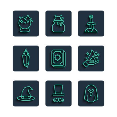 Cadı şapkalı Sihirbaz Hayalet Kılıç 'ı taş Tarot kartları topunda ve elinde ateş ikonu tutan El' e yerleştir. Vektör.