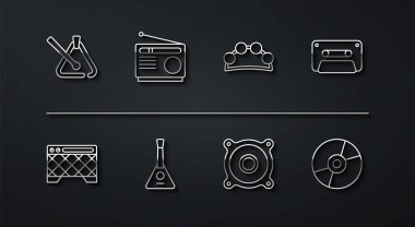 Satır Üçgeni müzik enstrümanı Retro ses kasedi Stereo hoparlörü Balalaika Radyo Vinil Diski ve Tef ikonu ayarla. Vektör.