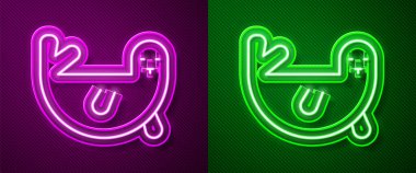 Parlayan neon hattı kürk fok hayvan ikonu, mor ve yeşil arka planda izole edilmiş. Vektör.