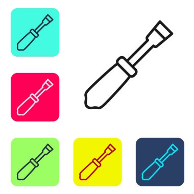Siyah çizgi tornavida simgesi beyaz arkaplanda izole edildi. Servis aracı sembolü. Renkli kare düğmelerle simgeleri ayarla. Vektör.