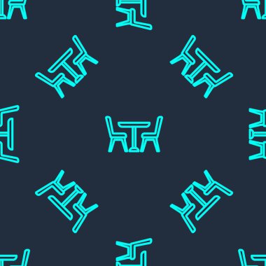 Green line Wooden table with chair icon isolated seamless pattern on blue background. Vector.