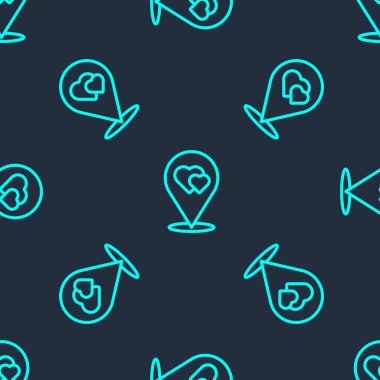 Yeşil çizgi harita işaretçisi, mavi arkaplanda, kalp simgesi izole edilmiş, pürüzsüz desen. Sevgililer Günü. Aşk yeri. Romantik harita iğnesi. Vektör.