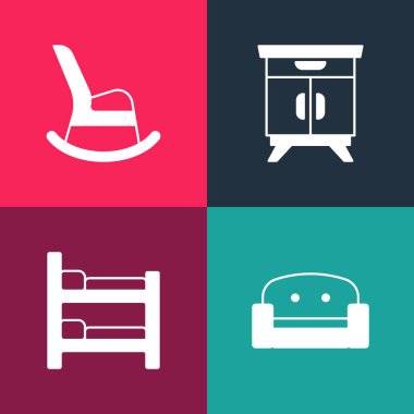 Pop sanat eseri Koltuk Ranzası Mobilya komodini ve sallanan ikonu hazırlayın. Vektör.