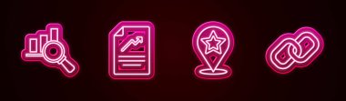 Çizgi büyüteç ve analizi, grafik çizelgesi, harita işaretleyici yıldız ve zincir bağlantısını ayarla. Parlayan neon ikonu. Vektör.