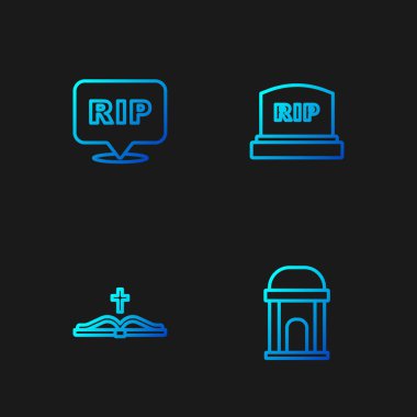 Eski mezar odası, kutsal kitap, konuşma baloncuğu ölüm ve RIP yazılı Tombstone. Renk simgeleri. Vektör.