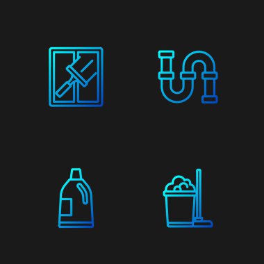 Hat paspas ve kova, temizlik malzemesi için şişe, plastik temizleyici pencereler ve endüstriyel metalik boru. Renk simgeleri. Vektör.