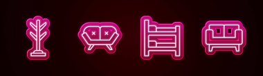 Palto standı kanepe ranzası ve... Parlayan neon ikonu. Vektör.