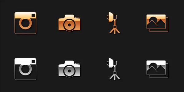Definir Câmera Fotográfica Luz Softbox Ícone Quadro Vetor — Vetor de Stock