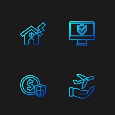 Shield House 'un yıldırımı ve sigortasıyla el ele tutuşan bir uçak ayarlayın. Renk simgeleri. Vektör.