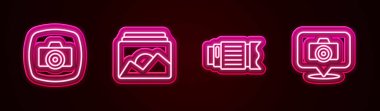Fotoğraf makinesinin kamera çerçevesini ayarlayın ve... Parlayan neon ikonu. Vektör.