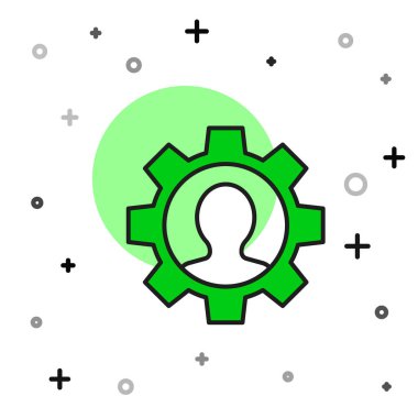 İnsan ana hatlarını beyaz arka planda izole edilmiş vites simgesiyle doldurdum. Yapay zeka. Beyin işaretini düşünüyorum. Beynin sembol çalışması. Vektör.