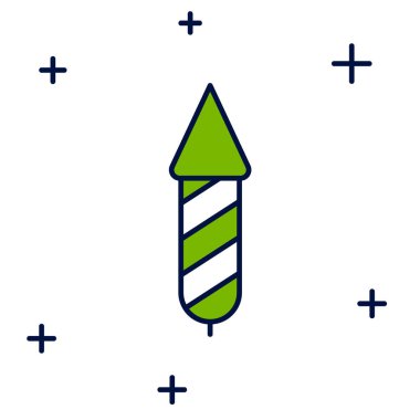 Beyaz arkaplanda izole edilmiş ana hatlı Firework roket ikonu. Eğlence partisi anlayışı. Patlayıcı havai fişek sembolü. Vektör.