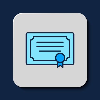 Doldurulmuş Sertifika şablon simgesi mavi arkaplanda izole edildi. Başarı, ödül, diploma, burs, diploma kavramları. Vektör.