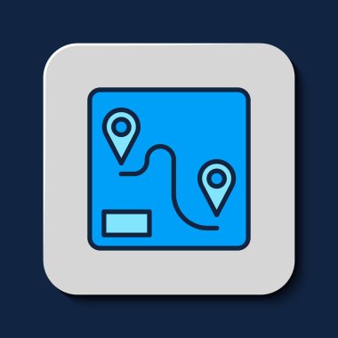 Doldurulmuş ana hat konum simgesi mavi arkaplanda izole edildi. Tren yolu güzergahının başlangıç noktası GPS ve tire çizgisi olan yolu. Vektör.