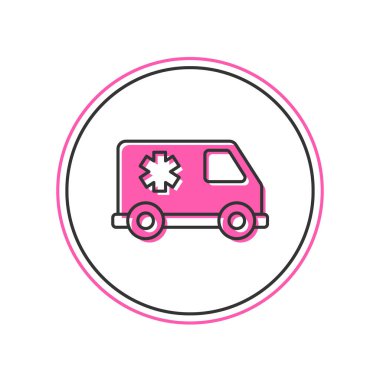 Ana hatları doldurulmuş ambulans ve acil durum arabası simgesi beyaz arka planda izole edilmiş. Ambulans aracı tıbbi tahliye. Vektör.