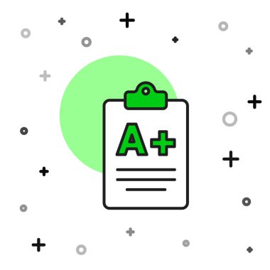 Sınav kağıdında beyaz arkaplanda A + dereceli simge izole edildi. Sınav kağıdı, sınav ya da araştırma konsepti. Sınav ya da sınav. Vektör.