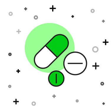 Beyaz arka planda izole edilmiş ana hatlı ilaç veya tablet ikonu. Kapsül hapı ve uyuşturucu işareti. Eczane tasarımı. Vektör.