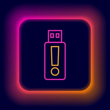 Parlayan neon hattı USB flash disk simgesi siyah arkaplanda izole edildi. Renkli taslak konsepti. Vektör.