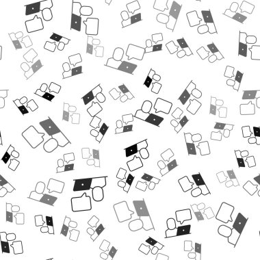 Siyah Freelancer simgesi beyaz arka planda izole edilmiş kusursuz desen. Evinde dizüstü bilgisayarla çalışan serbest çalışan bir adam. Çevrimiçi iş, uzak iş kavramı. Vektör.