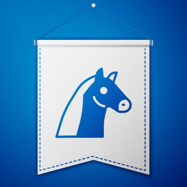 Mavi arka planda mavi at simgesi izole edildi. Hayvan sembolü. Beyaz flama şablonu. Vektör.