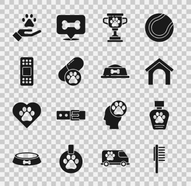 Evcil hayvan şampuanı ödüllü köpek evi ödüllü bandaj elleri hayvan ayak izi ve yemek kasesi ikonu ile sargılayın. Vektör.