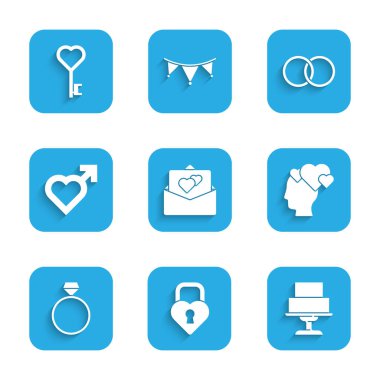 Tebrik kartı Castle 'a kalp şeklinde düğün pastası kafası, elmas nişan yüzüğü, erkek cinsiyet yüzüğü ve anahtar ikonu koyun. Vektör.