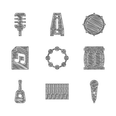 Tef Grand Piyano Mikrofon Davul Gitar Müzik Kitabı 'nı çevirme düğmesi seviyesi ve simgesi ile ayarla. Vektör.