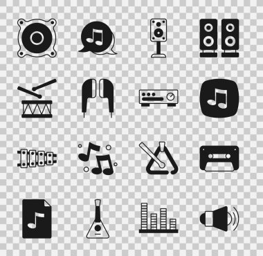 Megaphone Retro ses teybi müzik notası, Stereo hoparlör, davul çubukları ve ses karıştırıcı ikonu ile Drum kulaklığı ayarla. Vektör.
