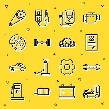 Hat Araç Taşıyıcı Aracı Anahtarı Otomatik Servisi Otomatik Otomatik Otomotiv Chassis araba frenleme diskini kalibreli emniyet kemeri kiti ve hız göstergesi simgesiyle ayarla. Vektör.