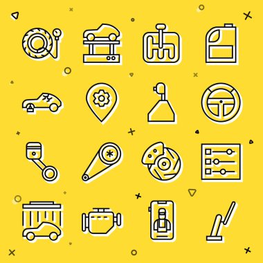 Windscreen silecek araba ayarlarını araba servisi Kırık Lastik basınç göstergesi ve simgesi olan direksiyon vites değiştiren konumuna ayarla. Vektör.