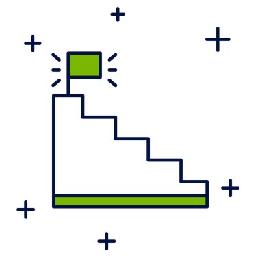 Beyaz arkaplanda izole edilmiş bitiş bayrağı simgesi ile ana hatlarıyla doldurulmuş merdiven. Kariyer gelişimi konsepti. İş geliştirme kavramı. Vektör.