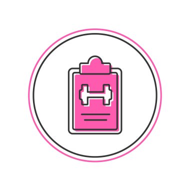 Beyaz arkaplanda izole edilmiş ana hatlı spor eğitim programı veya fitness planı simgesi. Vektör.