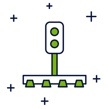 Doldurulmuş ana hatlı tren trafik ışığı simgesi beyaz arkaplanda izole edildi. Trenlerin hareketlerini düzenlemek için demiryolu için trafik ışıkları. Vektör.
