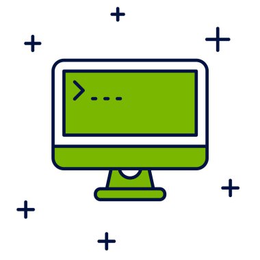 Doldurulmuş ana hatlı bilgisayar monitör simgesi beyaz arkaplanda izole edildi. Elektronik cihaz. Ön manzara. Vektör.