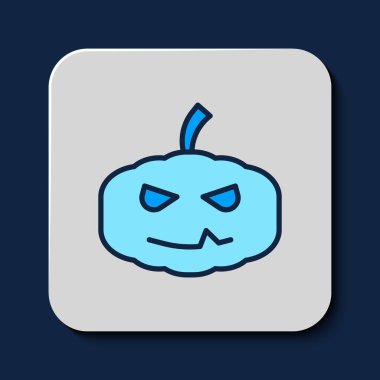 Doldurulmuş ana hatlı balkabağı simgesi mavi arkaplanda izole edildi. Mutlu Cadılar Bayramı Partisi. Vektör.