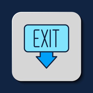 Doldurulmuş Ateş çıkış simgesi mavi arkaplanda izole edildi. Acil durum ikonunu ateşle. Vektör.