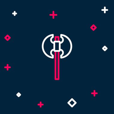 Mavi arka planda izole edilmiş Ortaçağ balta simgesi. Savaş baltası, cellat baltası. Ortaçağ silahı. Renkli taslak konsepti. Vektör.