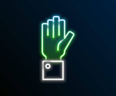 Parlayan neon hattı El açık arttırma ikonu siyah arka planda izole edildi. Teklif konsepti. Açık arttırma yarışması. Renkli taslak konsepti. Vektör.