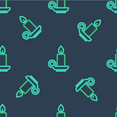 Mum yakma ikonu mavi arkaplanda izole edilmiş pürüzsüz desen. Silindirik mum çubuğu ve yanan ateş. Vektör.