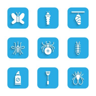 Örümcek Sineği Ezici Böcek Kırkayak Spreyi Böcek Kelebek ve ikona karşı ayarla. Vektör.