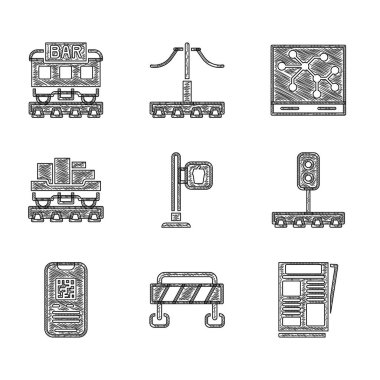Kafe ve restoran konumu Road News Train trafik ışığı E-bilet tren vagonu tren yolu haritası ve restoran ikonu. Vektör.