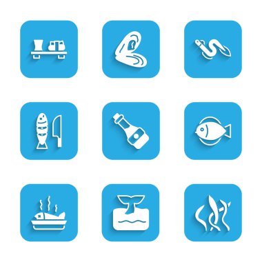 Soya sosu şişesi balina kuyruğunu okyanus dalgasında hazırla. Deniz yosunu balığı, dilimlenmiş balık ve suşi dilimleri ile servis edilir. Vektör.