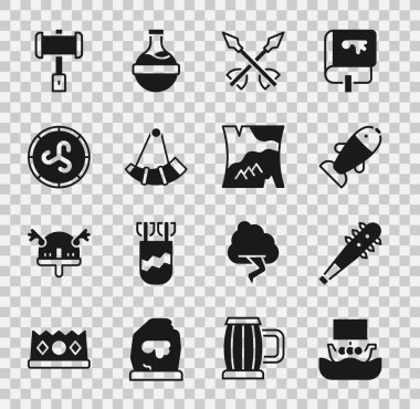 Viking gemisi Drakkar Mace 'i sivri uçlu Balık Ortaçağ oklarıyla Av Kalkanı Viking Savaş Çekici ve Katlanmış Harita ikonu ile ayarla. Vektör.