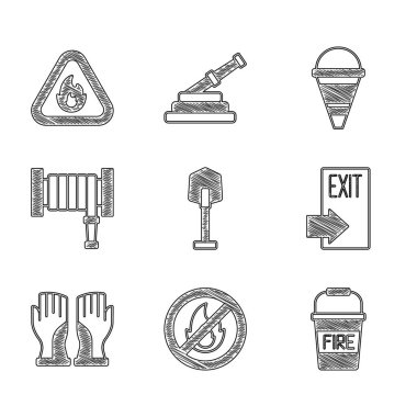 Yangın küreğini hazırla. Yangın kovası çıkışı yok. İtfaiyeci eldivenleri, hortum makarası ve üçgen ikonunda alevler. Vektör.