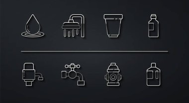 Musluk musluğu başlıklı su pompası için su damlası mekanik pompasını ayarlayın. Temiz ve filtre kartuş simgesiyle dolu büyük bir şişe. Vektör.