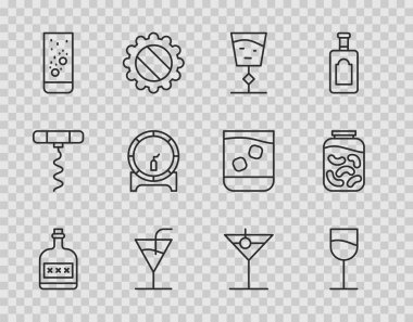 Rom şişesi, şarap şişesi, kokteyl, efekt tabletleri, ahşap fıçı, martini ve salatalık kavanozu. Vektör.